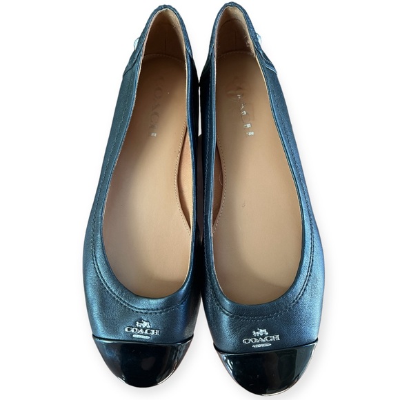 COACH Chelsea Black Matte Calf Leather Patent Cap Toe Silver Logo Flats Size 7 - Picture 5 of 15